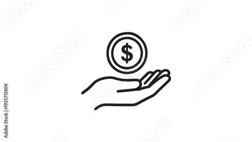 Minimalist Vector Icon of an Open Palm Holding a Floating Dollar Coin Representing Investment and Financial Growth