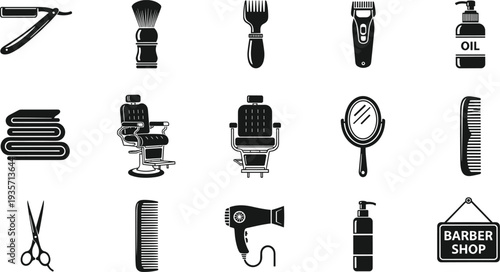 Black silhouette vector illustration of barber shop tools including scissors, razors,