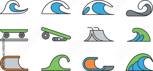 Surf wave and skate ramp icon set with ocean waves skateboard ramps and extreme sports minimal line vector illustration