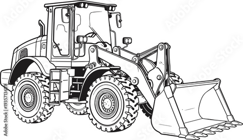 Front-end loader silhouette, heavy construction machinery vector illustration, industrial equipment design, mechanical engineering vehicle artwork, rugged tire loader with bucket graphic