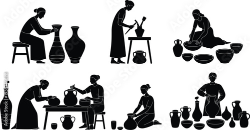 Pottery making silhouettes set with ceramic artists shaping clay vases bowls handmade pottery workshop craft process isolated illustration