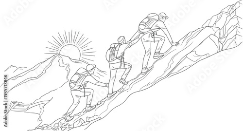Team of hikers climbing mountain peak together line art illustration with backpacks adventure trekking teamwork success concept