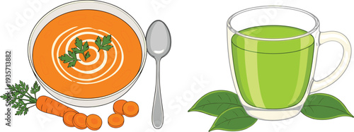 Creamy Carrot Ginger Soup with Parsley and Spoon Beside Glass Mug of Healthy Hot Green Tea with Tea Leaves Vector Illustration