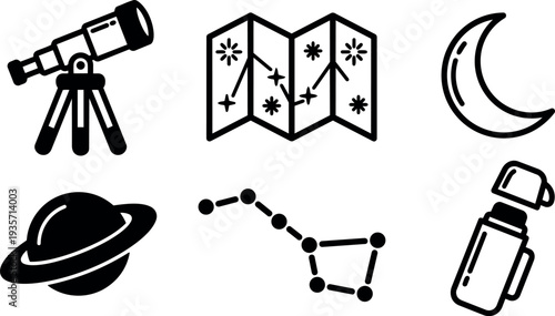 Line art constellation icon set telescope moon planet star map thermos arranged flat simple black outline on white vector sheet