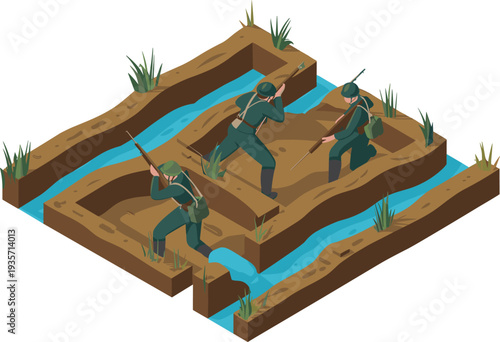 World War trench warfare isometric battlefield illustration with soldiers and rifles in military defensive trenches historical combat scene