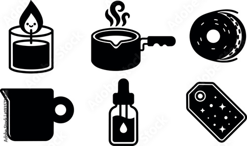 Flat vector icon set kitchen and wellness symbols candle saucepan donut measuring cup dropper bottle price tag black silhouette simple