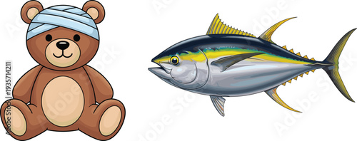 Cute Brown Teddy Bear with Bandaged Head and Detailed Realistic Yellowfin Tuna Fish Illustration Vector Set for Healthcare and Wildlife Designs