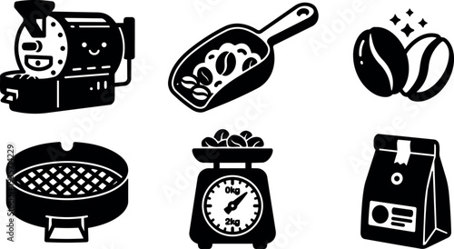 Flat design black coffee equipment icon set close up roasted beans scoop scale roaster bag sieve profile simple vector art