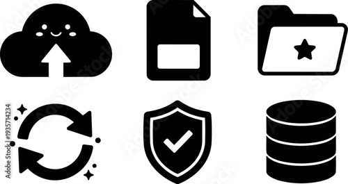 Flat icon showing smiling cloud upload file document favorite folder sync arrows security shield and database stack in minimalist style