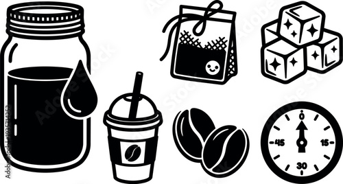 Flat design coffee and tea icon set mason jar iced coffee tea bag sugar cubes espresso shot timer bold art