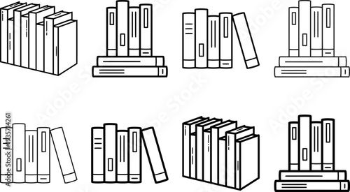 Collection of various book stacks and piles in different arrangements.