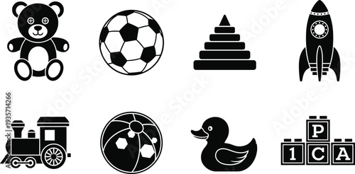 Children toys icons set with teddy bear, soccer ball, stacking rings, rocket ship, train, beach ball, rubber duck, building blocks