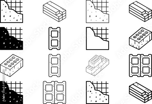 Collection of black and white architectural element diagrams.
