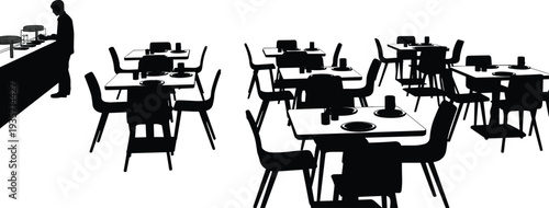 Restaurant interior with tables chairs and waiter at buffet counter silhouette dining area cafe furniture vector illustration