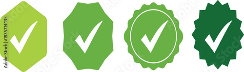 Green Check Mark Badge Icon Set Featuring Verified Approved Quality Guarantee Labels and Confirmation Symbols.
