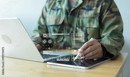 Foto soldier man use stylus pencil to check program of radar and radio aviation for t