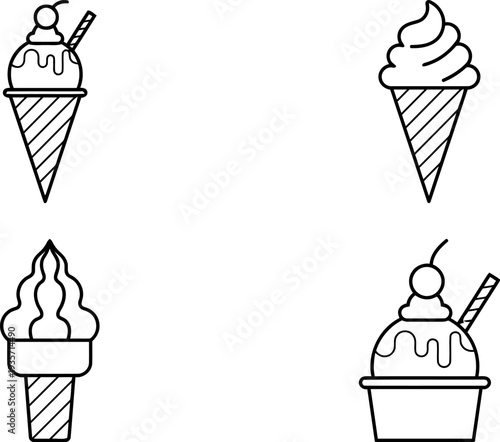 Simple black and white illustrations of various ice cream treats.