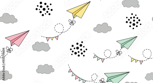 Charming seamless vector pattern with pastel paper airplanes, whimsical clouds, and festive flag trails. Perfect for kids' decor, digital backgrounds, social media, and creative design projects