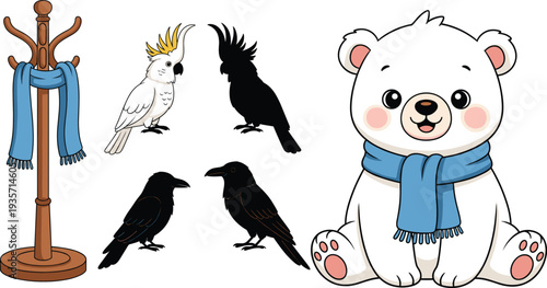 Cute Polar Bear Character with Blue Scarf, Cockatoo, Raven Birds, and Wooden Coat Rack Vector Illustration Set for Kids Books and Stickers