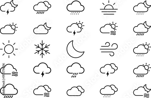 Collection of Simple Weather Icons in Black and White.