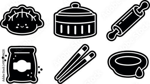 Sticker style bold line cooking icons set showing smiling dumpling and covered pot with rolling pin and bowl chopsticks minimalist