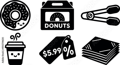 Flat design kawaii bakery icons set showing smiling donut coffee cup price tag tongs and napkins in simple black silhouette