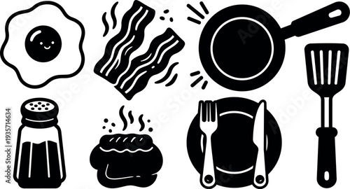 Flat design breakfast icon set showing fried egg bacon skillet spatula plate fork and knife salt shaker and steam toast