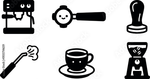 Flat design coffee equipment icons showing portafilter tamper steam wand grinder coffee cup and espresso machine monochrome minimal