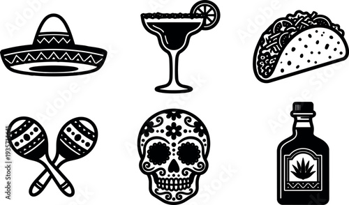 Flat icon set collection showcasing mexican fiesta symbols including sombrero taco margarita maracas sugar skull tequila bottle monochrome vector art