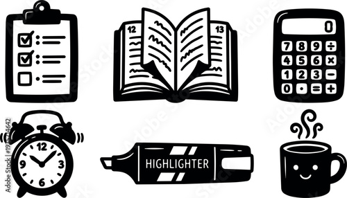 Hand drawn line art study icons set clipboard checklist open book calculator alarm clock highlighter coffee mug simple vector monochrome