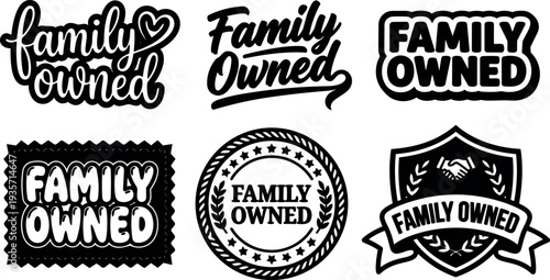 Retro badge style top view family owned labels set six monochrome stamp and ribbon emblems with handshake wreath heart motifs