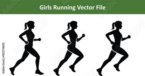 Vector set of female silhouettes running and jogging for fitness and health isolated on a white background in a minimalist black and white style.