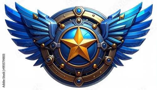Futuristic metallic emblem with golden star and blue mechanical wings isolated on white background