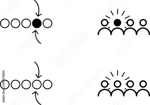 Simple black and white illustration of people gathering around a central figure.