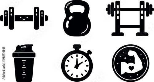 Flat icon set strength training dumbbell kettlebell bench press shaker bottle stopwatch flex arm badge gym equipment clean simple icons