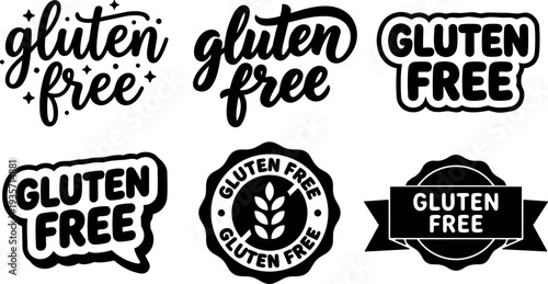Flat design badge set of gluten free labels six black and white stickers seals and emblems for packaging product branding