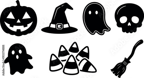 Flat design halloween icon set with jack o lantern witch hat ghosts skull candy corn broom close up on white
