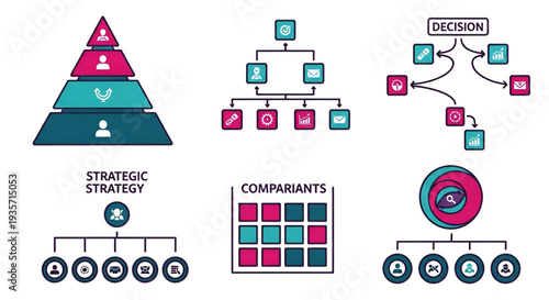 Set of six business and marketing diagrams for presentations and reports