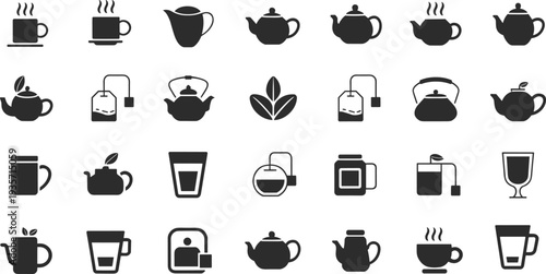 Tea cups teapots and tea bag icons set hot beverage drink symbols illustration isolated collection for cafe menu