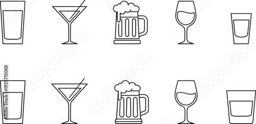 Alcohol drink glass icons set including cocktail beer mug wine glass and whiskey tumbler isolated vector illustration