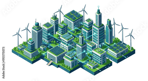 Isometric illustration of a green eco city with renewable technology and wind turbines, showcasing sustainable architecture and innovation in a 3D cityscape design