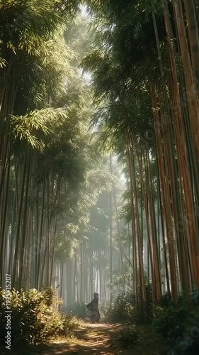 Person Walking Through Bamboo Forest Pathway.