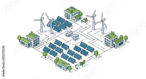 Isometric illustration of a green tech city with renewable energy sources and eco-friendly architecture featuring solar panels and wind turbines