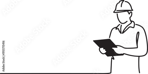 Building Construction worker holding clip board.one line vector illustration with white background