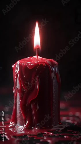 Red Candle Melting in Dark Room.