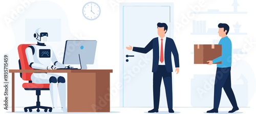 Flat vector illustration of a robot working at a desk alongside office workers representing artificial intelligence automation