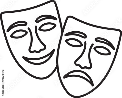 Theater Mask: Comedy and tragedy masks, representing drama and theater education.one line vector illustration with white background