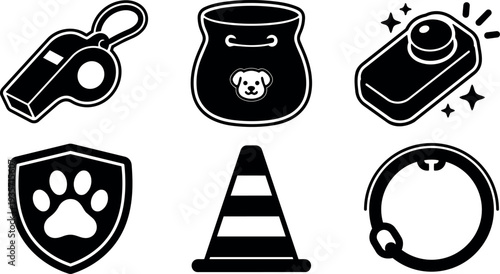 Flat design bold monochrome vector pet training icons close up whistle clicker treat pouch collar paw shield cone set minimal