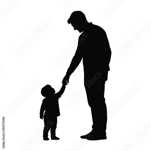 Loving father guiding toddler on a joyful walk together outside