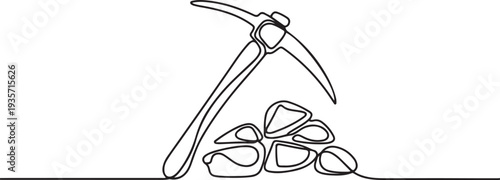 Continuous line drawing miner's pickaxe and gold.one line vector illustration with white background